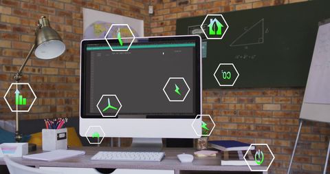 Digital Interface Icons on Office Computer Monitor - Download Free Stock Images Pikwizard.com