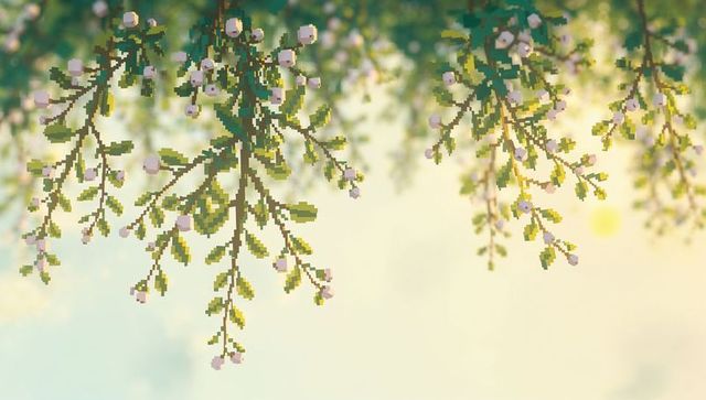 Sunlit pixel art hanging branches with pink blossoms, green leaves and dreamy bokeh background