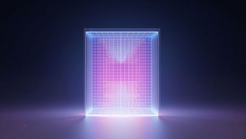 Neon wireframe portal cube emitting cyan magenta glow futuristic grid hologram tech branding