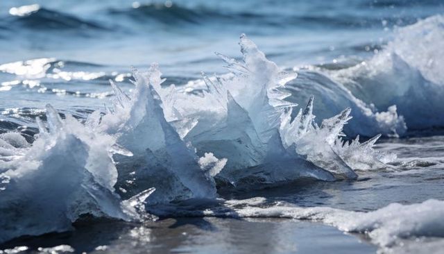 Glittering jagged crystal ice spires on shoreline catching sunlight with sea foam and waves
