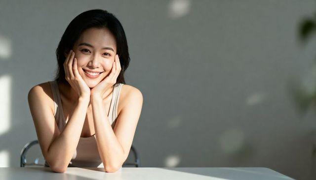 Smiling woman leaning on white table in soft daylight, minimalist portrait for wellness beauty