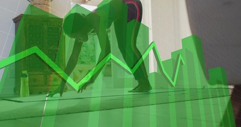 Woman stretching on home yoga mat wearing sportswear with green data graph overlay