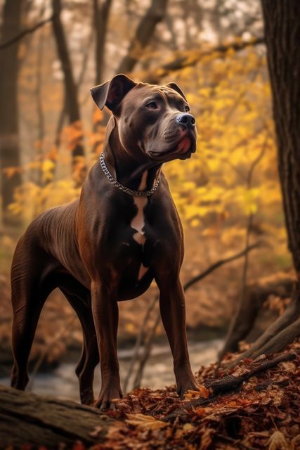A strong, brown dog is standing in an autumn forest filled with yellow and orange leaves. It has a focused expression and wears a chain collar. This image is perfect for themes related to nature, pets, strength, and the beauty of the fall season. It can be used in advertisements, articles, or posters about pet care, outdoor activities, or seasonal campaigns.