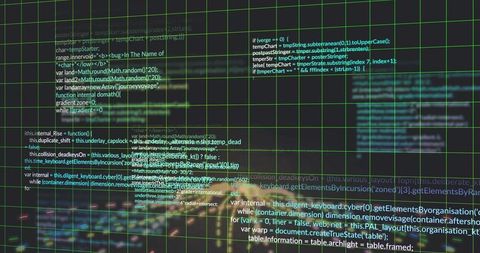 Neon code cluster floating over translucent green grid interface glowing data visualization