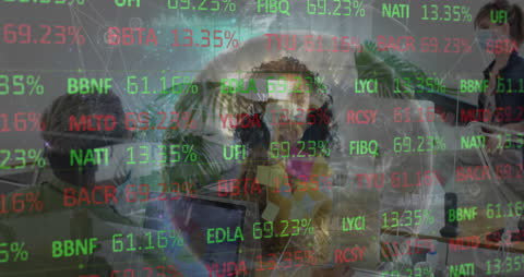 Financial Data Overlay on Business Office Workers with Masks