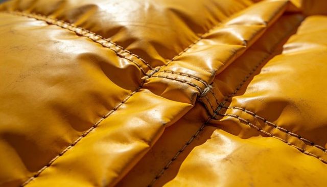 Showing yellow puffer quilting with glossy stitched seams and scuffed texture macro