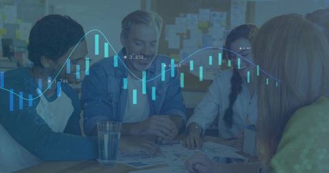 Business Team Analyzing Data with Financial Graph Technology Overlay