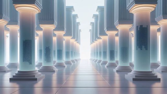 Illuminated classical columns in majestic colonnade