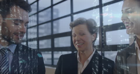 Business Professionals Collaborating with Digital Interface Overlay