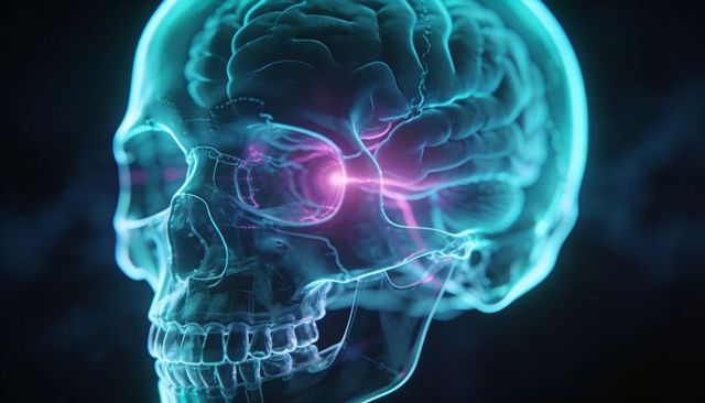 Translucent skull revealing glowing brain circuitry with neon magenta neural activation
