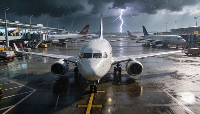 Single-aisle jet sitting at gate during heavy storm with lightning and wet reflections