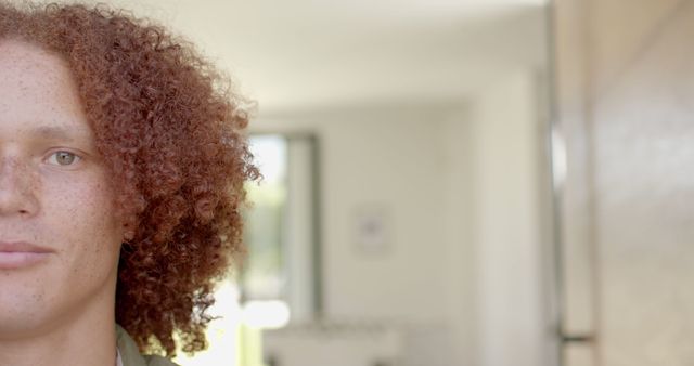 Close-Up Partial View Portrait Red Curly Hair Freckles Indoor Light - Download Free Stock Images Pikwizard.com