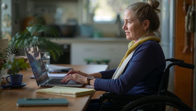 Senior Woman Typing on Laptop in Wheelchair at Home Kitchen Table