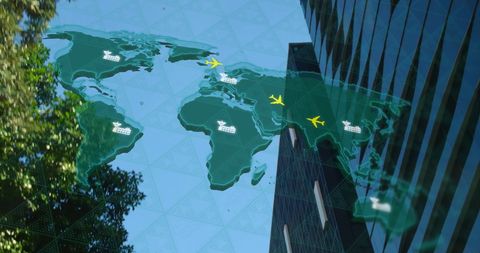 Global business network with air travel icons on digital map