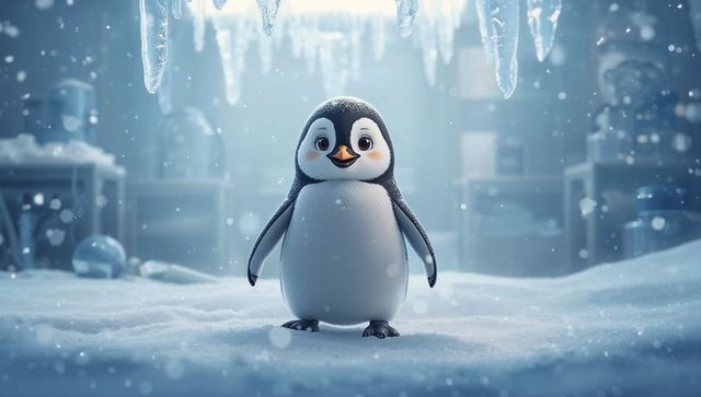 Adorable baby penguin waddling in frosty workshop under sparkling icicles and falling snow