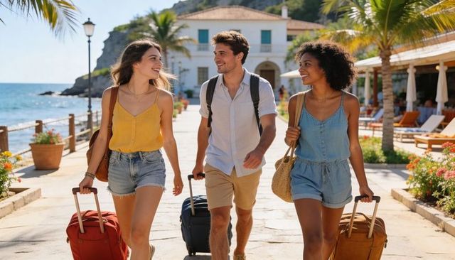 Friends walking with suitcases on sunlit seaside promenade smiling during resort getaway