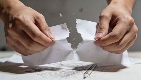 Hands tearing paper over pencil sketches representing creative frustration and revision