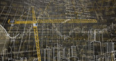 Crane Silhouette with Financial Graph Overlays Represents Urban Data Visualization