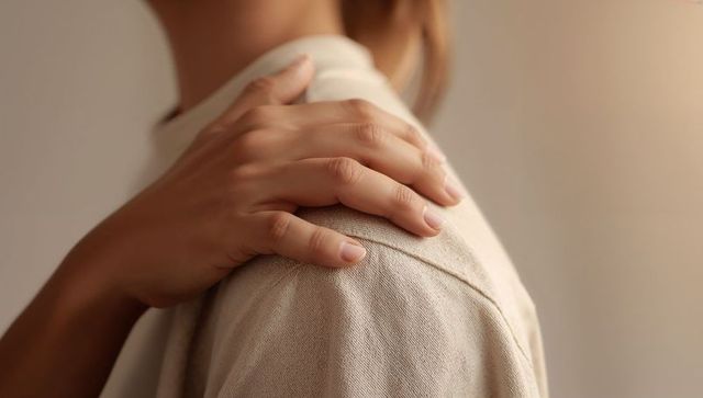 Resting hand on shoulder conveying comfort, intimacy and warmth with beige textured fabric