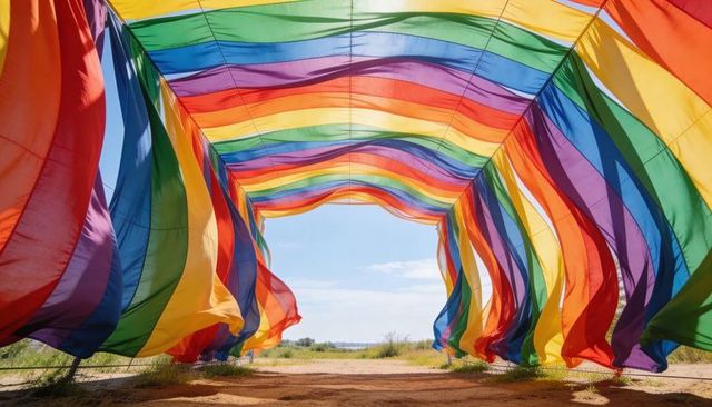 Billowing rainbow fabric tunnel over dirt path in sunlit field — vibrant outdoor canopy art