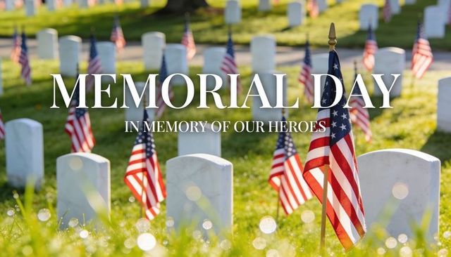 Memorial day tribute american flags lining military graves on sunlit cemetery lawn with bokeh