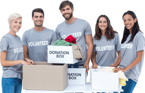 Diverse volunteers holding donation boxes on transparent background