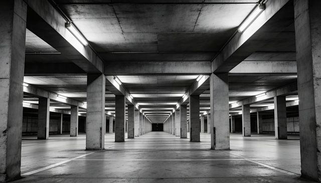Symmetrical Concrete Parking Garage Corridor with Repeating Columns and Vanishing Point