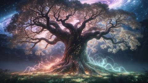 Mystical glowing ancient dreaming tree in enchanted galaxy setting
