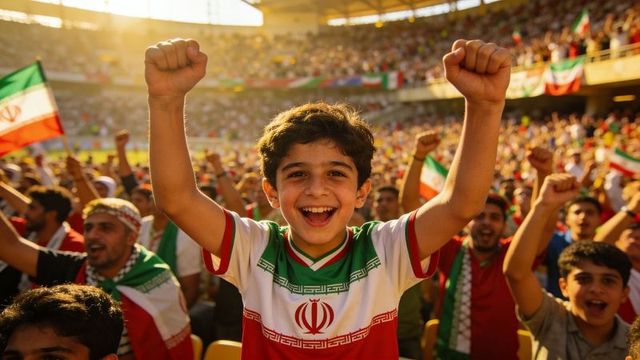 Middle eastern boy cheering in iran football jersey raising fists at packed stadium crowd