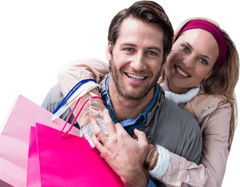Transparent Smiling Couple Embracing with Shopping Bags