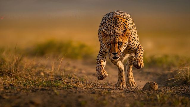 Cheetah stalking on savannah during golden hour