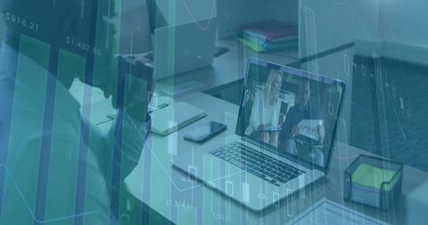 Remote business meeting showing presenters on laptop with financial charts overlay
