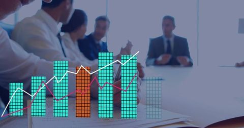Business team discussing analytics with rising bar chart overlay in modern boardroom meeting