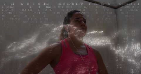 Female athlete training with binary data overlay, focused workout concept for tech fitness