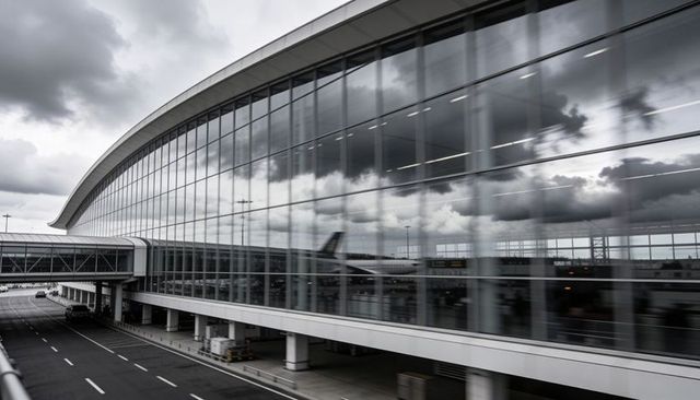 Curved glass airport terminal reflecting stormy clouds and aircraft tail at curbside