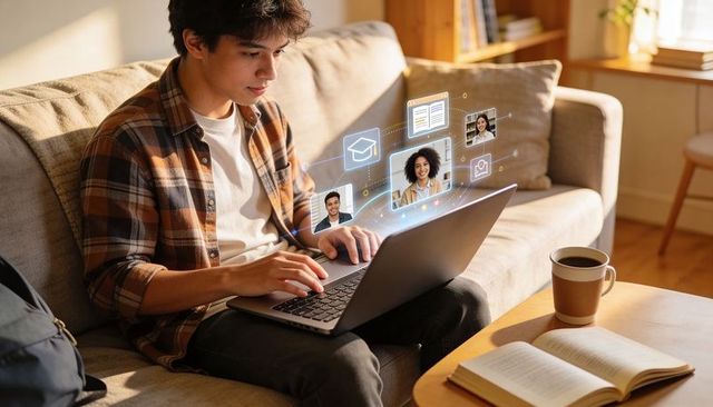 College student studying on couch with laptop and holographic online learning interface