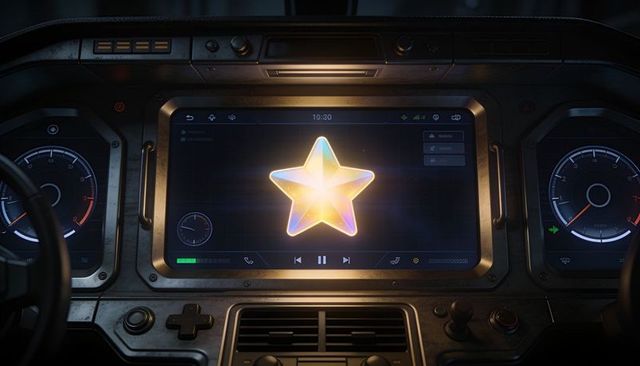 Displaying futuristic car infotainment with glowing holographic star on dashboard interface