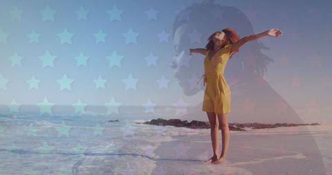 Joyful woman on sunny beach embracing freedom
