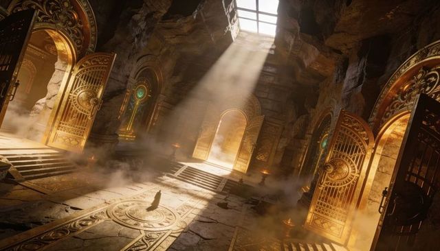 Hooded pilgrim approaching illuminated sanctum in subterranean rock temple with golden gates