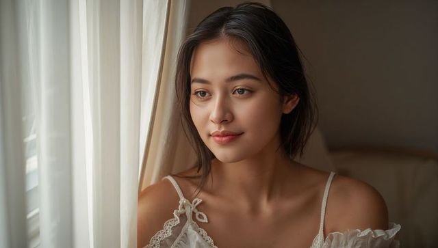 Gazing asian woman leaning by sunlit bedroom window wearing lace camisole serene portrait