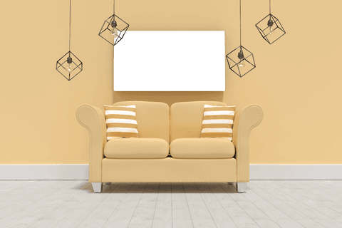 Transparent Modern Sofa with Cushions in Yellow Room, Hanging Pendants