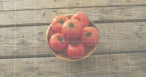 Bowl holding ripe red tomatoes on rustic wooden table with light grid overlay