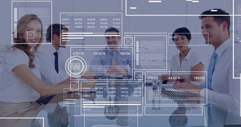 Business Team Collaborating and Analyzing Financial Data with Augmented Reality Overlays