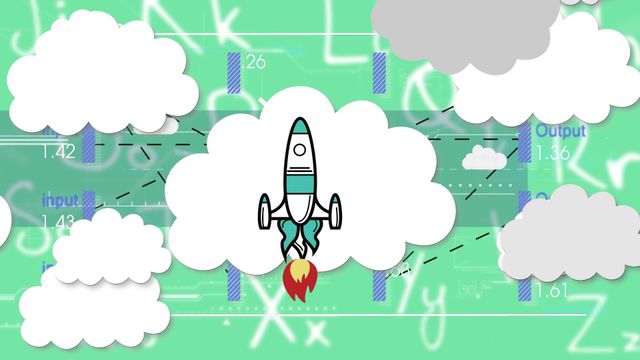 Rocket launching through clouds over digital data visuals signifies innovation, technological advancements, and global connectivity. Ideal for use in tech, education, and business materials to depict growth, progress, and futuristic concepts.