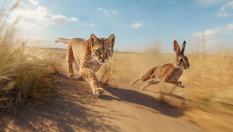 Serval chasing hare across dry grassland trail, high-speed predator pursuit