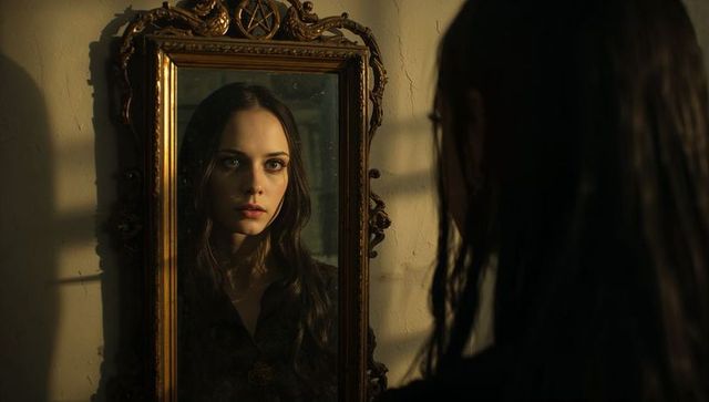 Gazing woman studying reflection in ornate gilded mirror moody cinematic portrait