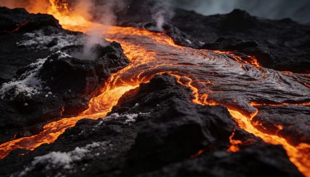 Flowing molten lava over black volcanic rock with steam plumes and glowing channels