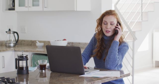 Woman Working Remotely From Home Kitchen - Download Free Stock Images Pikwizard.com