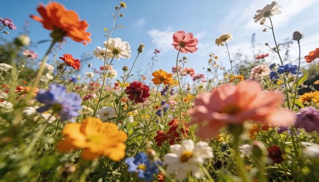 Sunlit wildflower meadow blooming with multicolored blooms swaying under blue sky