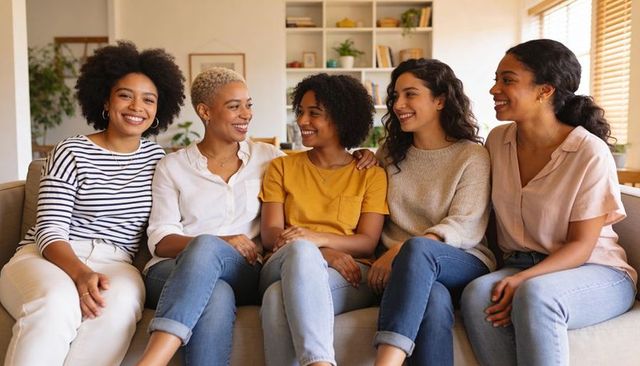 Five friends chatting and laughing on cozy living room sofa, casual home gathering portrait